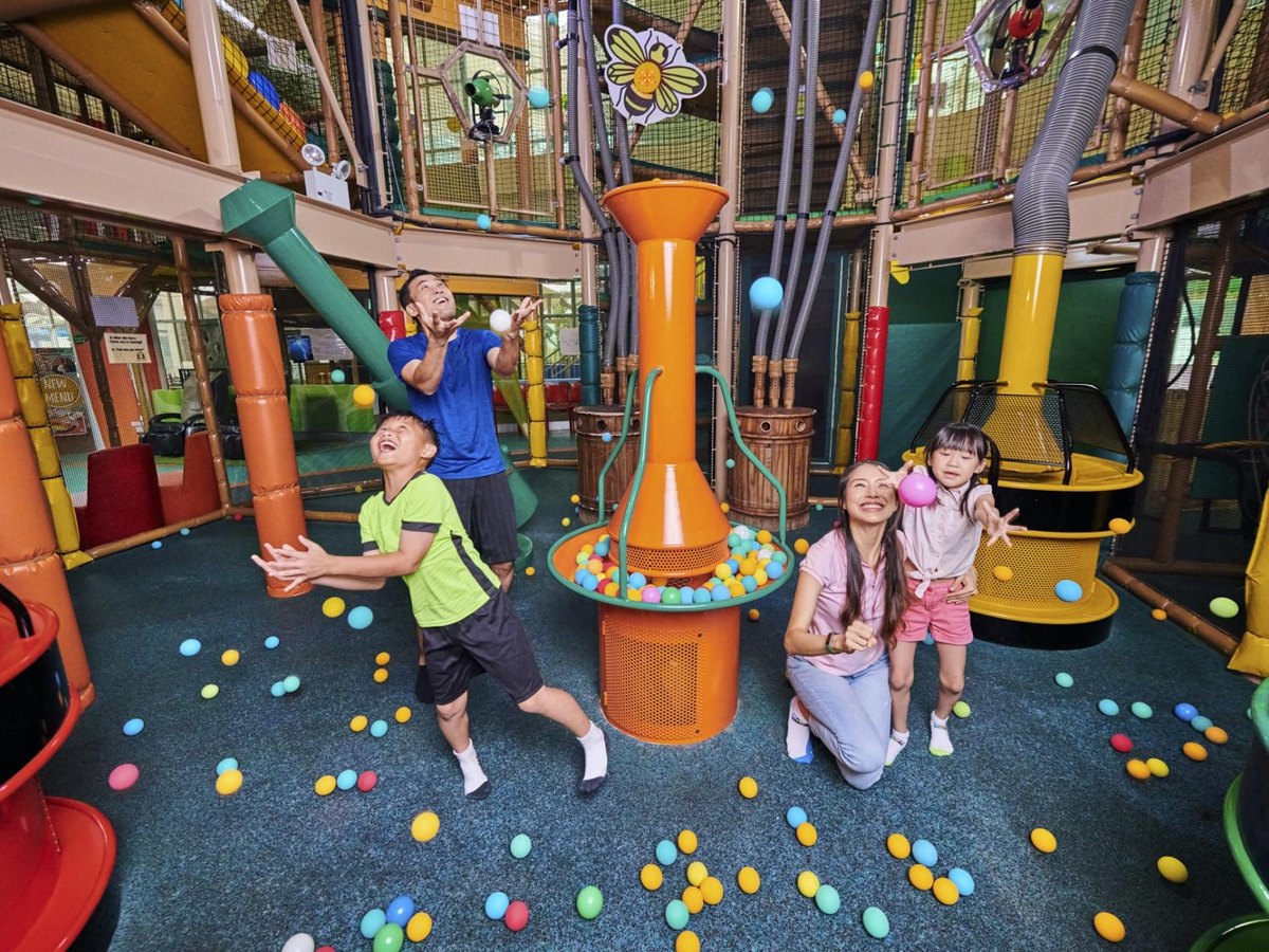 A family playing with coloured balls in an indoor playground